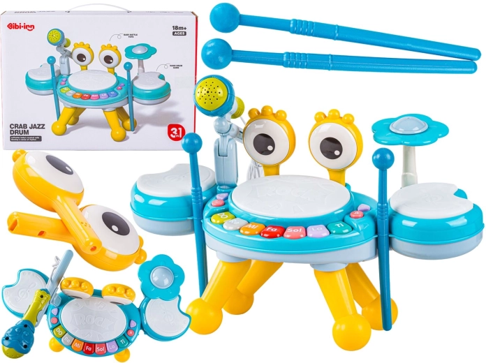Educational mini crab drums with a little piano and microphone, blue - 1 piece
