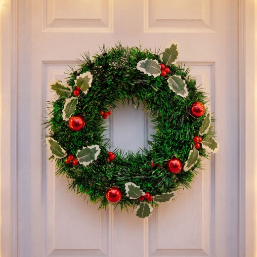 Christmas wreath with holly and decorative baubles, 40 cm