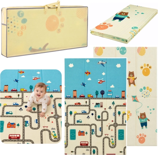Double-Sided Folding Foam Play Mat for Crawling, City Road and Bears 120 × 180 cm