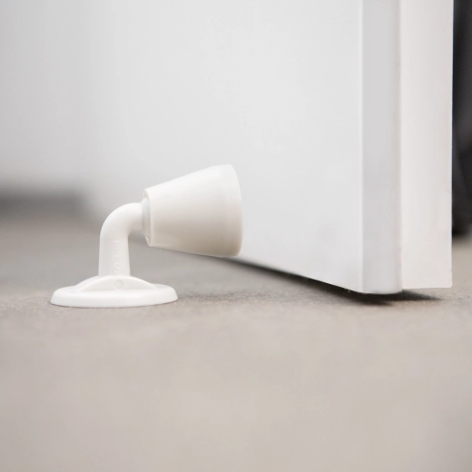 Self-adhesive door stopper with rubber bumper, white