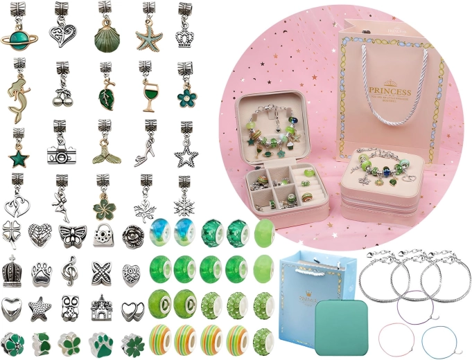Jewelry and bracelet making set with beads and charms in green shades + case