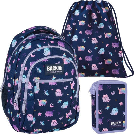 School set BackUP Violet Kittens 3-in-1 – backpack, filled pencil case and drawstring bag