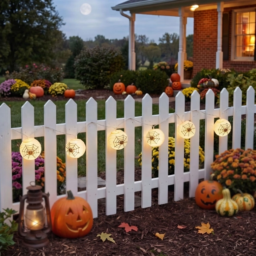 Halloween string lights with spiderweb lanterns