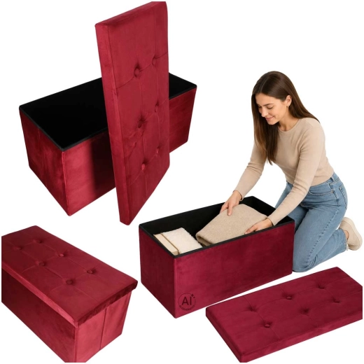 Sklopiva velur klupa/pufa s prostorom za pohranu bordo 77 × 38 × 37 cm - 1 komad
