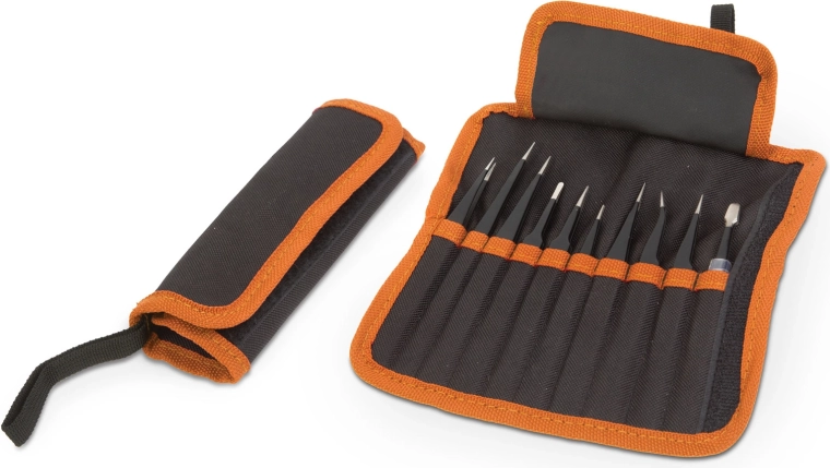 Set of 10 antistatic precision tweezers with case