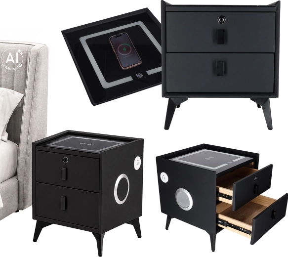 Smart bedside table with biometric lock, wireless charging and Bluetooth speaker – black
