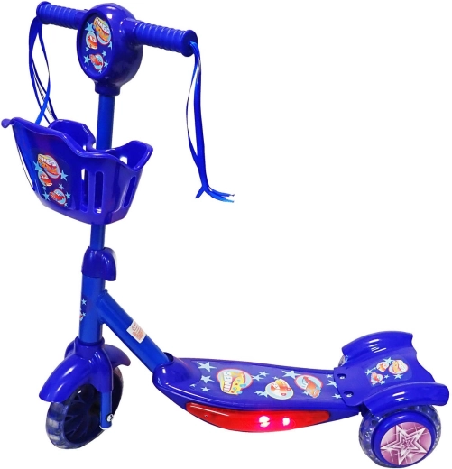 KUBIsport children's three-wheel scooter with basket and light-up footboard, blue