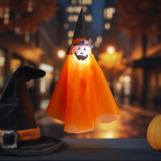 Halloween Hanging Illuminated Pumpkin Decoration with Witch's Hat