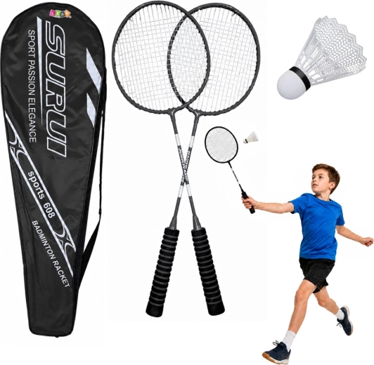 Set za badminton s 2 reketa, lopticom i torbicom crni