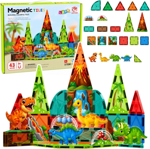 Magnetic building pieces dinosaurs – volcano, colorful set 43 pcs
