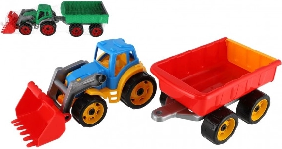 Šareni plastični traktor s utovarivačem i prikolicom