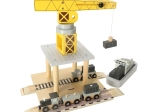 Wooden seaport with crane, ship and train