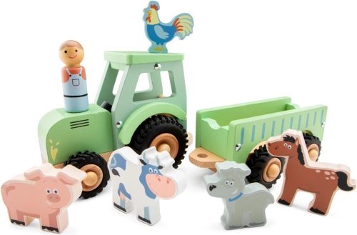 Drveni traktor s prikolicom i životinjama New Classic Toys