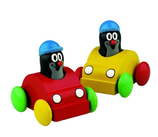 Cvrčeći krtica u autiću drvo 7 cm mogućnost 2 boje