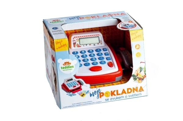 Blagajna mala digitalna plastika 18cm s dodacima na baterije sa zvukom i svjetlom u kutiji 22x15x18cm
