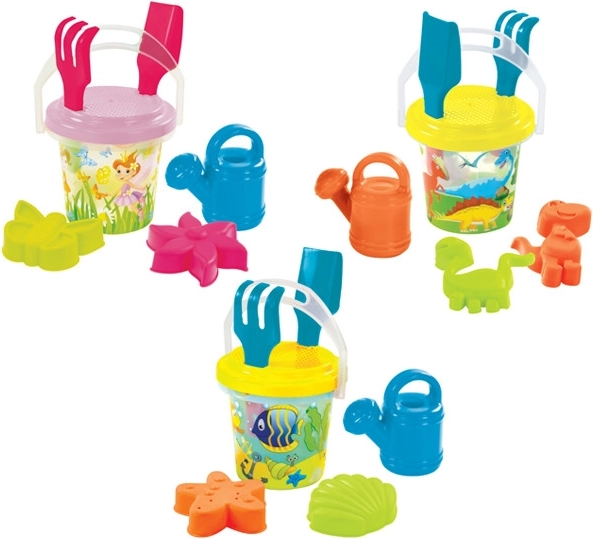 Prozirni set za pijesak s kantom za zalijevanje – vile, dinosauri i ribice 1,3 l