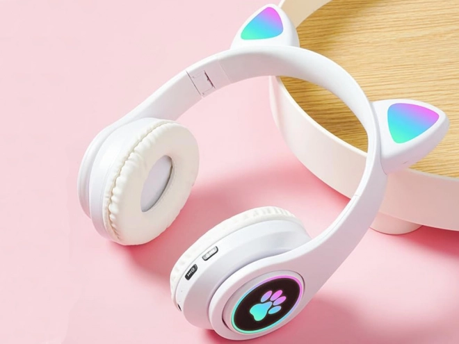 Bežične slušalice bluetooth radio fm mp3 mačje uši led osvjetljenje – Bijele