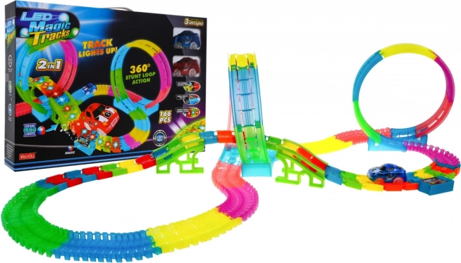Svjetleća trkaća staza za djecu 3+ s LED autićima, petlje 360°, nagnute dionice, 166 dijelova