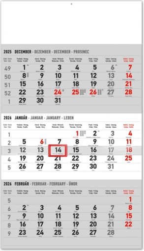 Zidni tromjesečni kalendar sa slovačkim imenima 2026., sivi