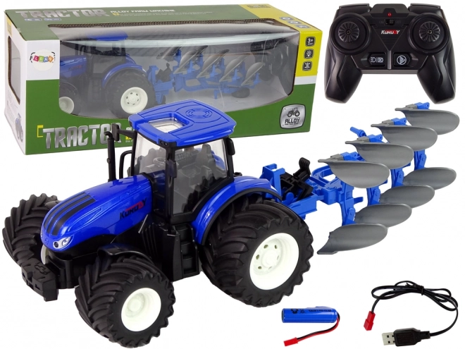 Traktor na daljinsko upravljanje 1:24 Plavi metalni plug