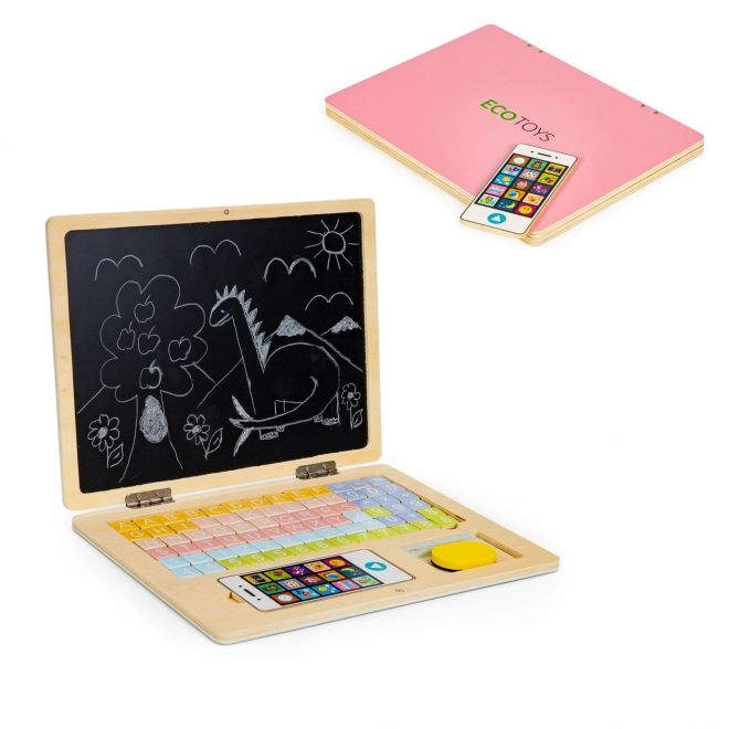 ECOTOYS Drveni prijenosnik s magnetskim monitorom - ružičasti