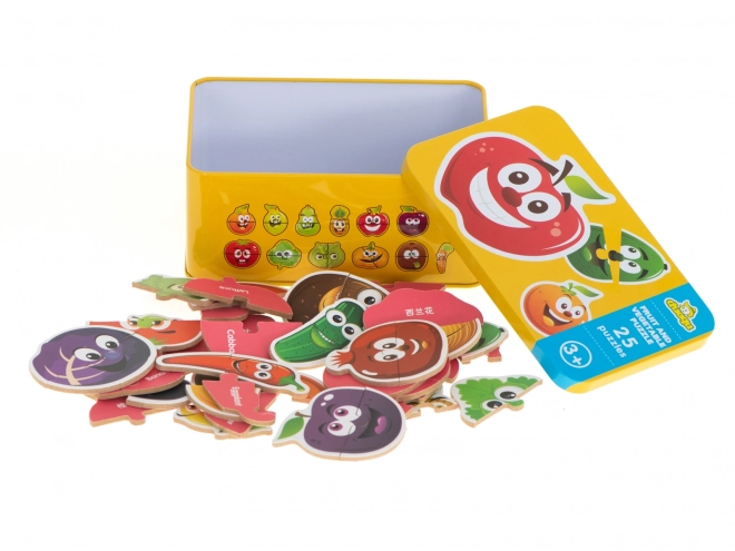 Puzzle s motivima voća i povrća u limenoj kutiji