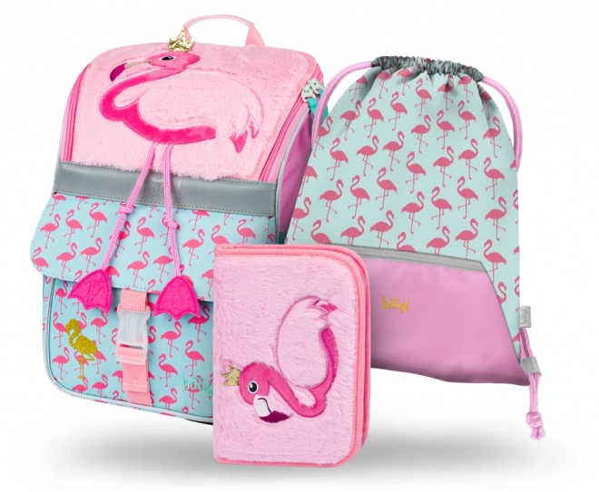 BAAGL SET 3 Zippy Flamingo: školska torba, pernica, vrećica
