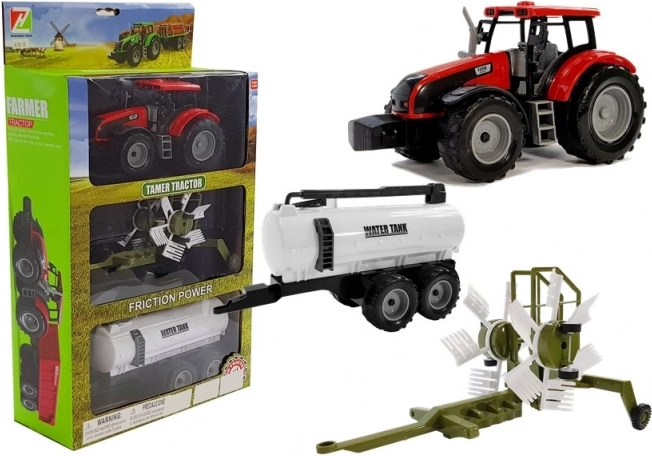 Traktor s prikolicom, grabljačem i cisternom – crveni