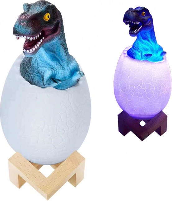 Noćna RGB lampica dinosaurus u jajetu s drvenim stalkom