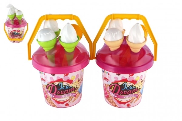 Set za pijesak plastični kantić + kalupi sladoled 2 boje u mrežici 18x28x17cm 12m+