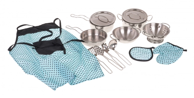 Set metalnih lonaca za djecu 3+ s kuhinjskim dodacima i pregačom