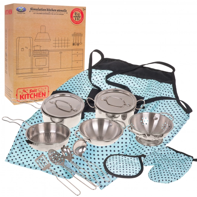 Set metalnih lonaca za djecu 3+ s kuhinjskim dodacima i pregačom