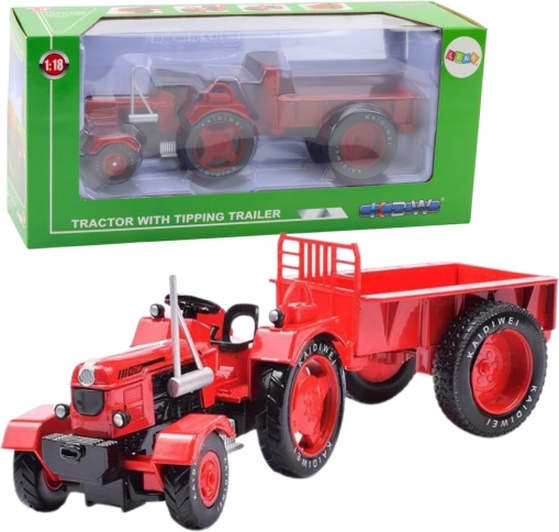 Metalni crveni traktor s prikolicom 1:18