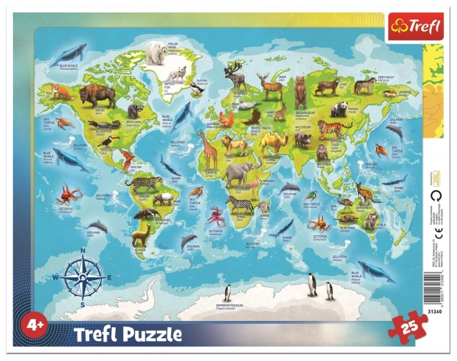 TREFL Puzzle Karta svijeta sa životinjama 25 komadića