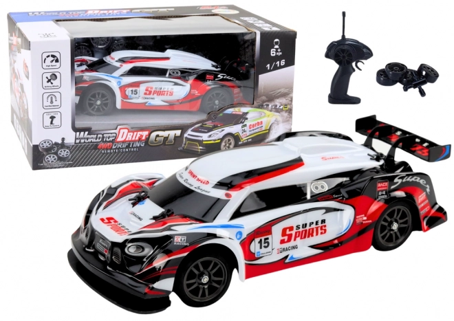 RC trkaći auto 1:16 Drift s izmjenjivim kotačima crveno-bijeli