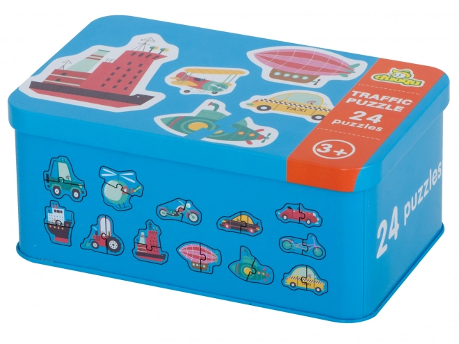 Puzzle s motivima prijevoznih sredstava u limenoj kutiji