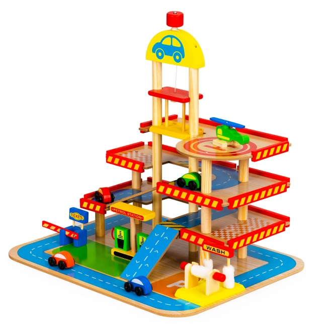 ECOTOYS Drvena garaža na kat s dizalom, heliodromom i dodatnom opremom
