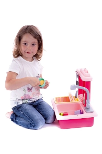 Sudoper za pranje posuđa ružičasti + slavina za vodu na baterije plastika s dodacima u kutiji 46x28x12cm