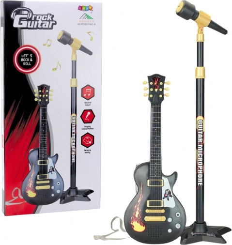 Glazbeni set za djecu s gitarom i mikrofonom na stalku – crni