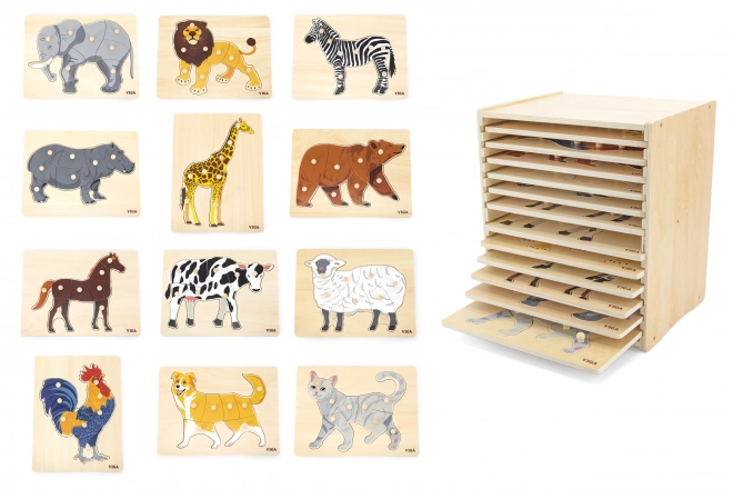 Set drvenih slagalica s 12 životinja Montessori s postoljem Viga