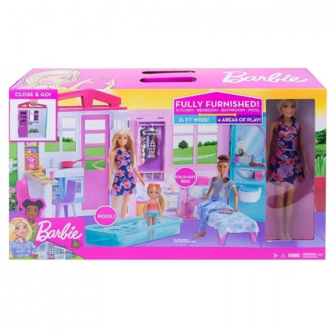 Barbie kućica za lutke s priborom i lutkom GWY84