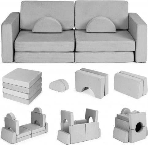 velika modularna sklopiva dječja sofa za 2 osobe s 10 mekanih jastuka – siva ECOTOYS