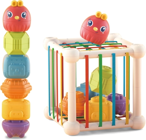 woopie baby elastična senzorička kocka i sorter za djecu sa životinjama + zvečkica, 7 dijelova