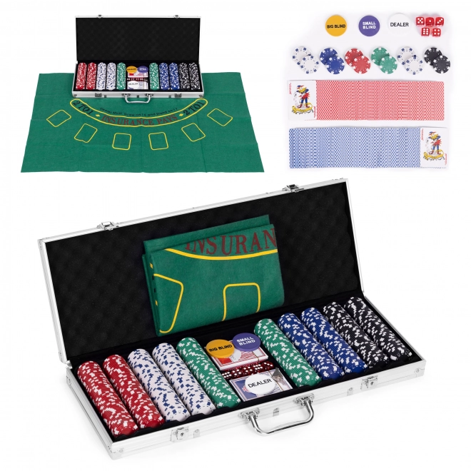Set za poker i blackjack – 500 žetona, 2 špila karata, kocke, igraća podloga, zaključivi kofer