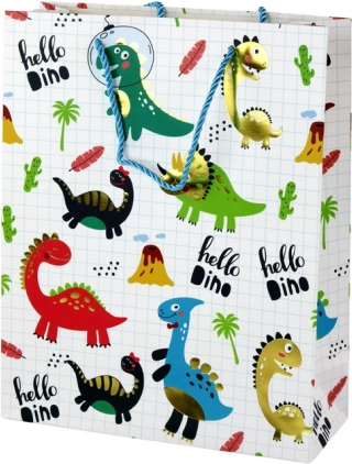 Papirnata poklon-vrećica s dinosaurima, bijela kocka, 32 × 26 × 10 cm
