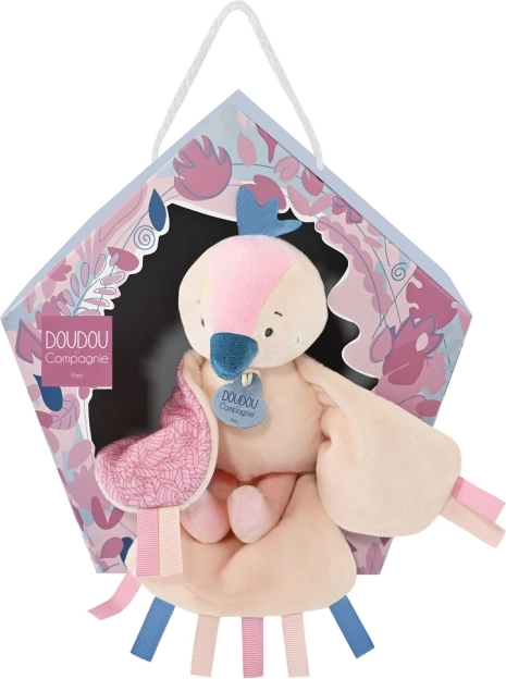 Poklon set Doudou - glazbena plišana igračka ptičica ružičasta 23 cm