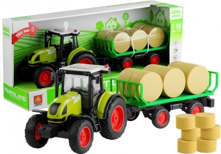 Zeleni traktor s prikolicom i balama sijena sa svjetlima i zvukovima 37,5 cm