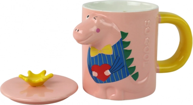 Keramička šalica s poklopcem i žličicom s motivom dinosaura, ružičasta 400 ml