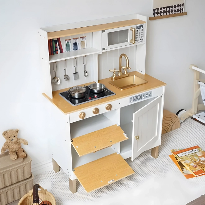 Drvena igračka kuhinja za djecu sa zvukovima i LED diodama, velika, s otvorivim ormarićima i 7 dodataka, ECOTOYS