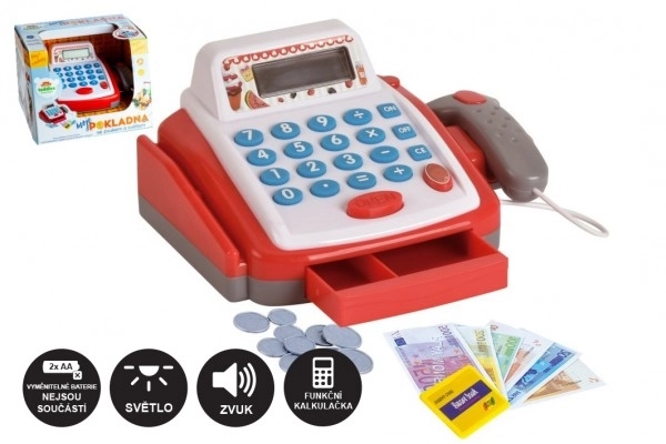 Blagajna mala digitalna plastika 18cm s dodacima na baterije sa zvukom i svjetlom u kutiji 22x15x18cm